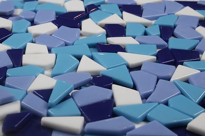 Irregular Glass Mosaic Tiles Bulk 500g Glossy and Iridescent Mosaic Glass Tiles for DIY Projects and Arts and Crafts Solid Colors and Mixes (Glossy Dark Blue, Periwinkle & Sky Blue Mix)