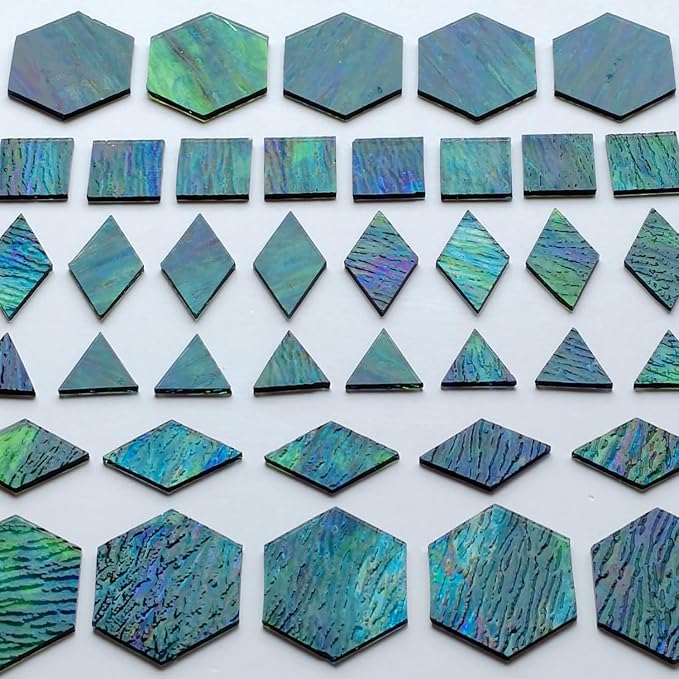 100pcs Stained Glass Mosaic Tiles - 1 Inch Each Side Dark Green & Blue Mixed Shapes (Triangle, Diamond, Square, Hexagon) for Crafts, Precut Glass Pieces, Mosaic Kits for Adults