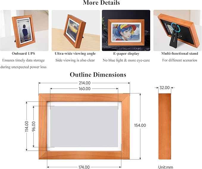 7.3inch E6 Full Color E-Paper with Solid Wood Photo Frame, 800×480 Resolution, Compatible with Raspberry Pi Zero, Ultra-Long Standby, Bundle with Pi Zero 2 WHC, with Batt.