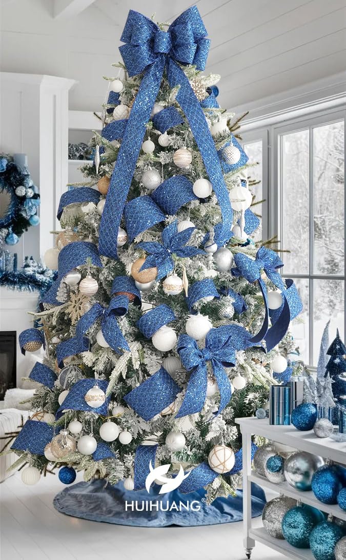 HUIHUANG Navy Blue Wired Christmas Ribbon 4 inch Navy Glitter Wired Ribbon Diamond Mesh Wire Ribbon for X-mas Tree Decorations, Wreaths, Garland, Large Bows Making, Home Decor -10 Yards - Crafty Corner