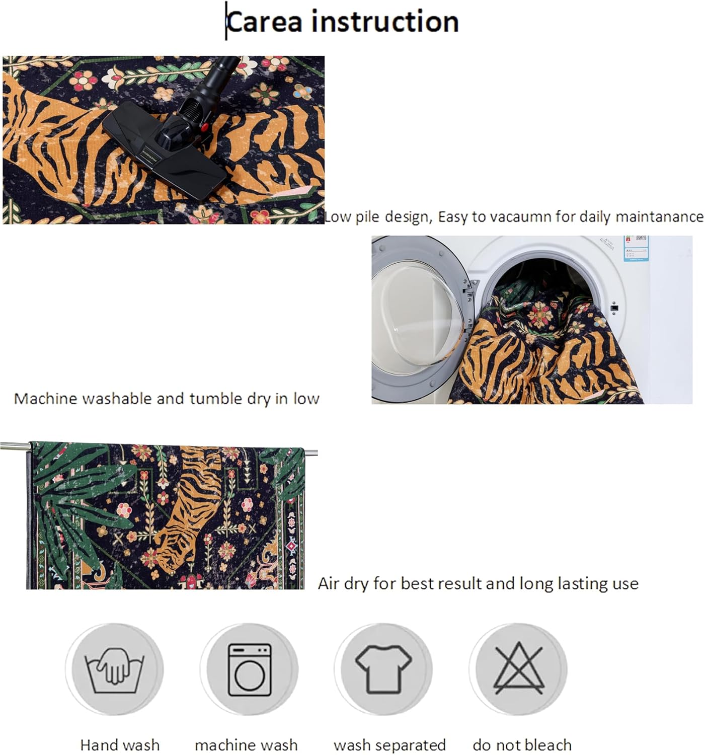 Oriental Tropical Washable Rugs, Stain Resistant Black Boho Vintage Distressed Hippie 45x7 Area Rugs for Living Room Bedroom Kitchen Entryway, Abstract Botanical Tribal Indian Accent Carpet