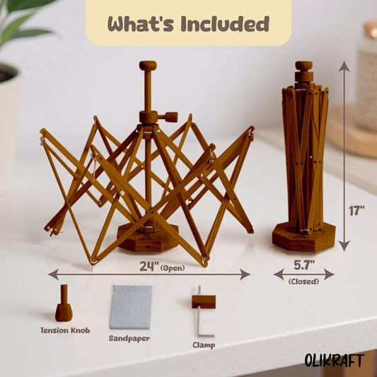 Olikraft Wooden Yarn Swift - Lightweight Reverse Yarn Umbrella Swifts, Ball Swift, Skein Winder (Brown) (Patented)