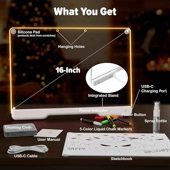 16-Inch Rechargeable Doodle Glow LED Note Board, 7-Color Light Modes, Neon Art Dry Erase Light Up Drawing Pad with Built-in Stand, Sketching Gift Toy for Kids/Girls/Teens, 5 Markers & Tracing Book