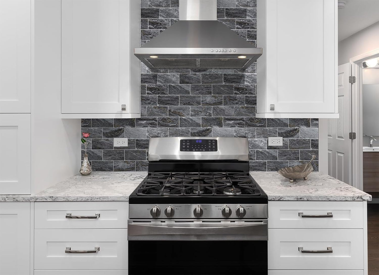 4 Pieces Peel and Stick Backsplash for Kitchen, 3" x 6" PVC Subway Tile 2025 Upgraded Gray-Gold Stone Backsplash Stick on Tile Elevate Kitchen Fireplace RV