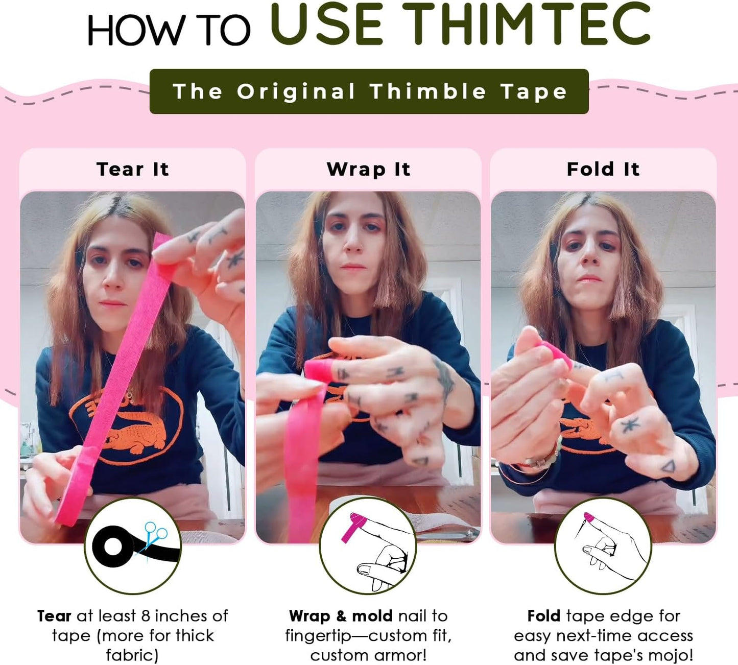 THIMTEC - The Original Thimble Tape for Hand Sewing - Fully Adjustable Nail & Finger Protector - A Smarter Alternative to Classic Knitting Thimbles - Multicolor, 3-Pack