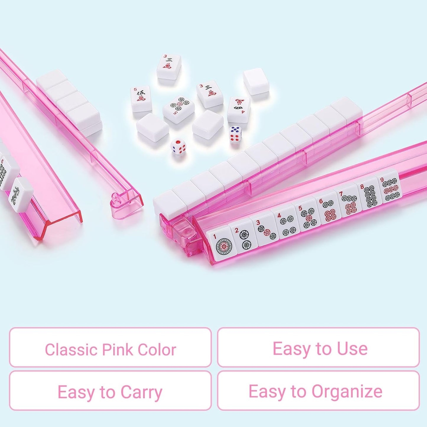 Mahjong Racks with Pushers 4PCS Set Majiang Tile Holder Acrylic Mahjong Racks Accessories and Gifts-Pink
