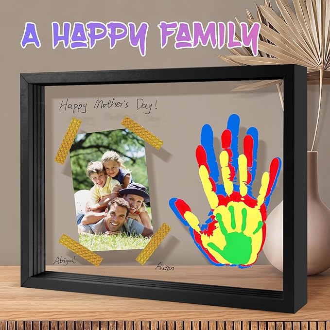 Family Handprint Keepsake Frame Kit with Photo Display – DIY 3D Floating Layered Design for Mom, Dad and Baby – Safe Non-Toxic Paint Set for Footprints – Perfect Baby Shower Gifts, New Parents Couples Keepsake, Home Decor 13.1x9.6 Inch (Black)