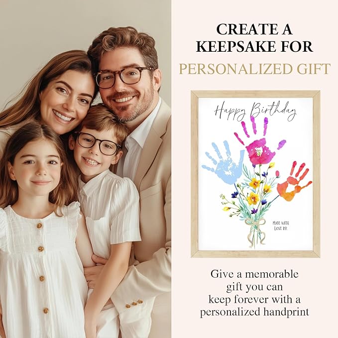 Physkoa Handprint Birthday Art Kit for Mom & Grandma – DIY Floral Keepsake Craft with Frame – Happy Birthday Gift from Kids, Daughter, Son – Handprint Painting Activity (Art Deco-B)