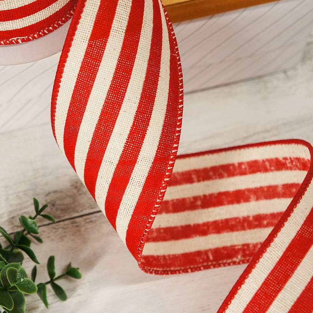 CT CRAFT LLC Striped Canvas Cotton Ribbon 2.5" x 10 Yards Ivory/Red Stripes for Thanksgiving Christmas Home Décor Gift Wrapping Outdoor Tree Topper Bow Wreath - Crafty Corner
