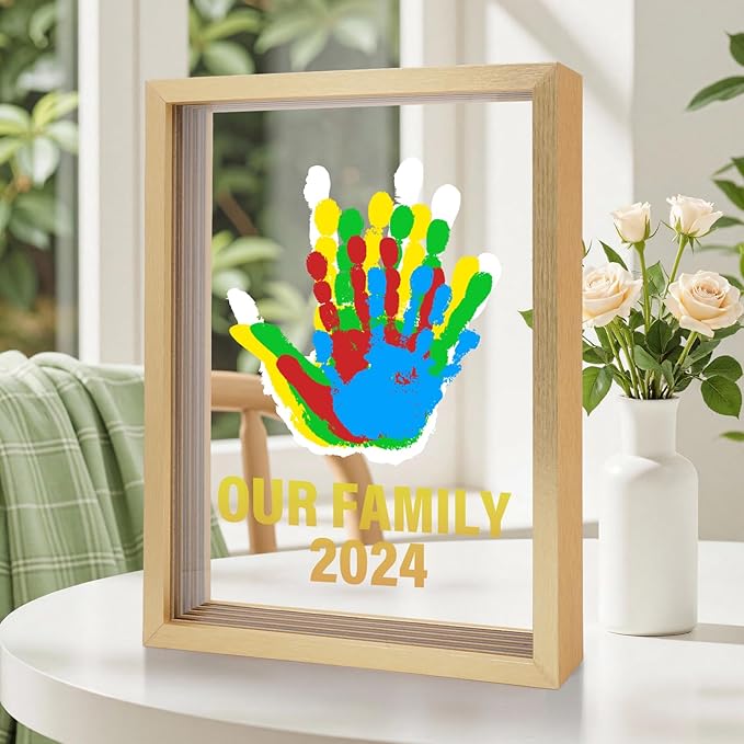 Bixinyo Family Handprint Kit - Baby Hand and Footprint Kit, Adoption Gifts, Family Gifts for Mom, New Parents, Mother's Day, Christmas, DIY Craft Keepsake Wooden Frame, 5 Non-Toxic Paints (Gold)