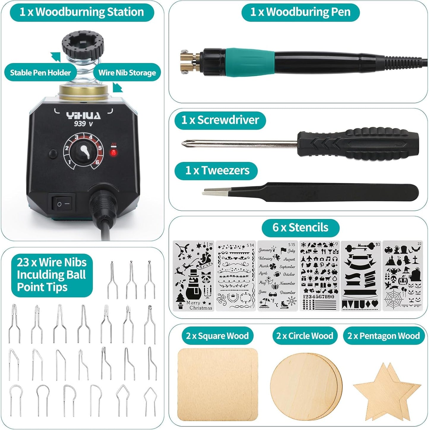 YIHUA 939-V Wood Burning Pen Wood Burning Kit with 23 Wire Nibs, Detachable Wood Burning Pen, 6 Wood Pieces, 6 Stencils, Tweezers Used as Wood Burning Tool - Crafty Corner