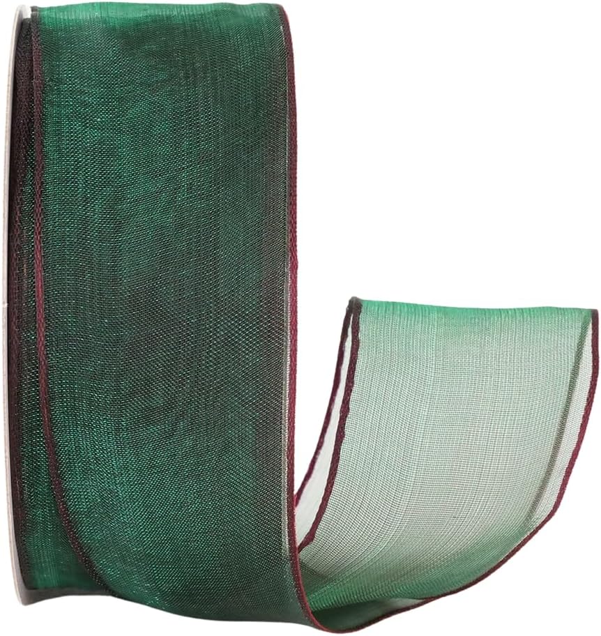 Ribbon Bazaar Sheer Organza Wired Ribbon - 100% Polyester Wire Edged Ribbon for Floral Decor, Table Arrangements, Apparel Embellishment & More - 1-1/2" Hunter (with Burgundy Edge) 25yd - Crafty Corner