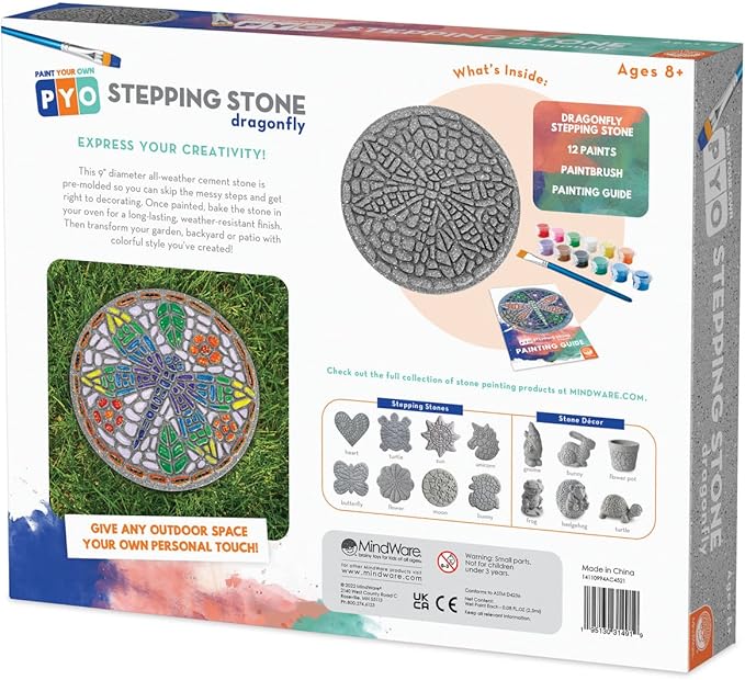 MindWare Paint Your Own Stepping Stone: Dragonfly - Paint Your Own Stepping Stones for Kids Craft Kit Includes Paint, Brushes and Instructions