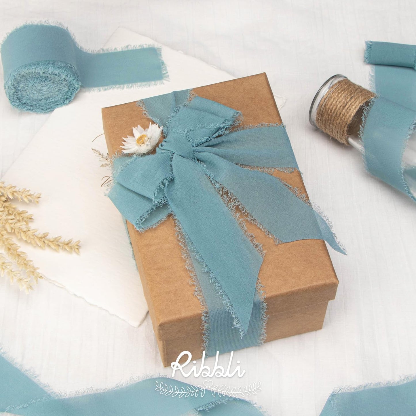 Ribbli Deep Sea Blue Chiffon Ribbon 1-1/2 inch x 20 Yard Handmade Fringe Chiffon Silk Ribbon,Blue Ribbon for Wedding Invitations, Bridal Bouquets Wrapping, Flower Arrangement Decoration - Crafty Corner