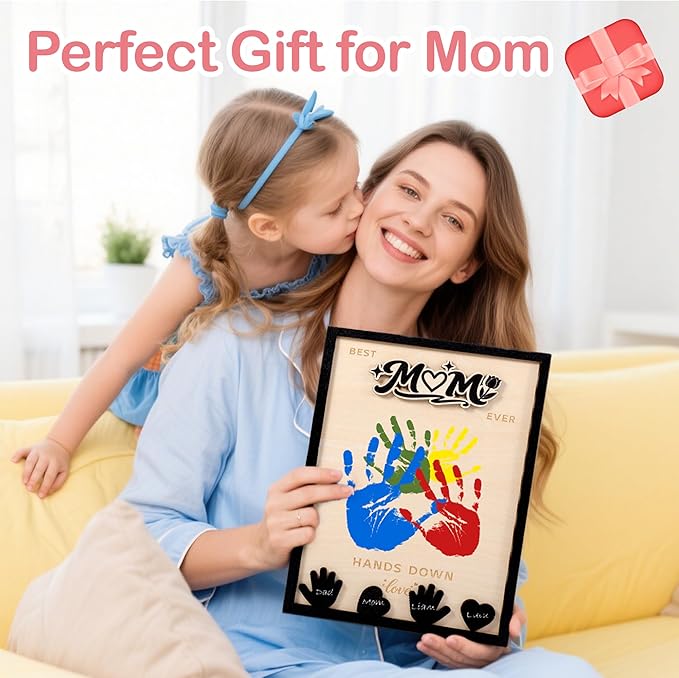 Mothers Day Gifts from Kids, DIY Handprint Craft Kit with 5 Non-Toxic Paint, Wooden Family Keepsake Frame with Kids Names, Hands Down Best Mom Ever Sign, Mothers Day Gift from Son Daughter