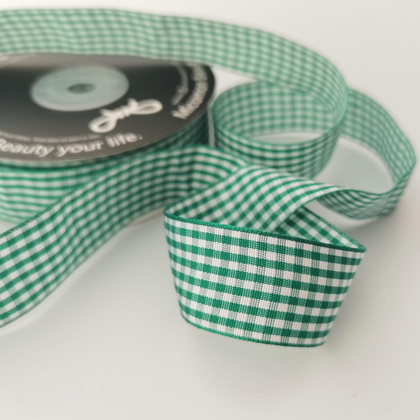 Green and White Woven Edge Plaid Ribbon 100% Polyester Gingham Ribbon 25 Yards Each Roll (1",Green) - Crafty Corner