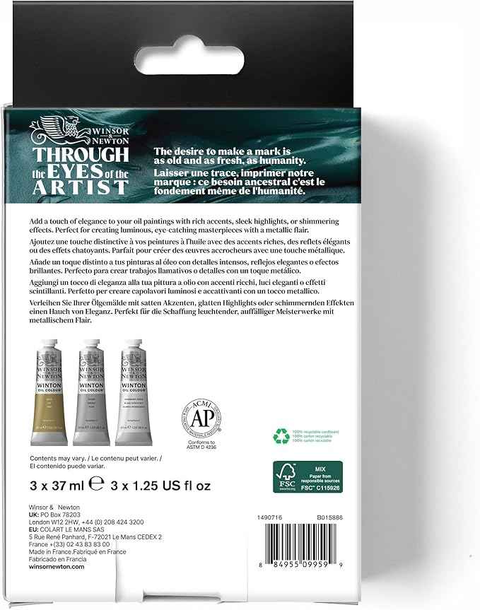 Winsor & Newton Winton Oil Color Paint Set, Metallics, 3 x 37ml Tubes