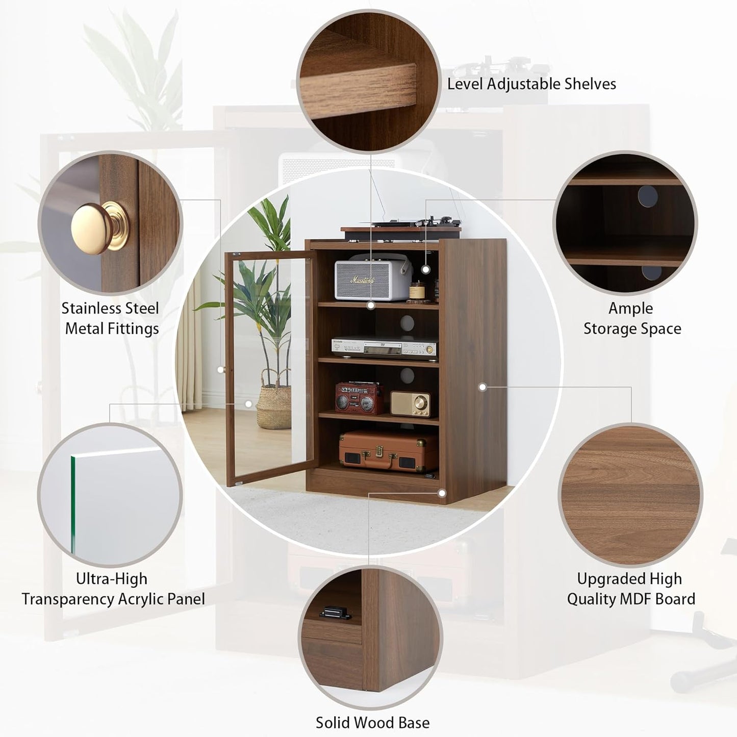 Walnut 5-Tier AV Media Shelf Storage Cabinet with Adjustable Shelves and Cable Management for Living, Gaming, Recording Room