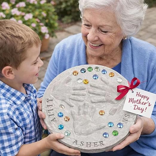 Mother's Day DIY Handprint Gift Kit, Large DIY Handprint Stepping Stone Kit, Indoor Outdoor Family Keepsake Craft Gift (Includes 1 Mod, 26 Letter Stamps, and Colored Stones) (12 in (Fits 2 Handprint))