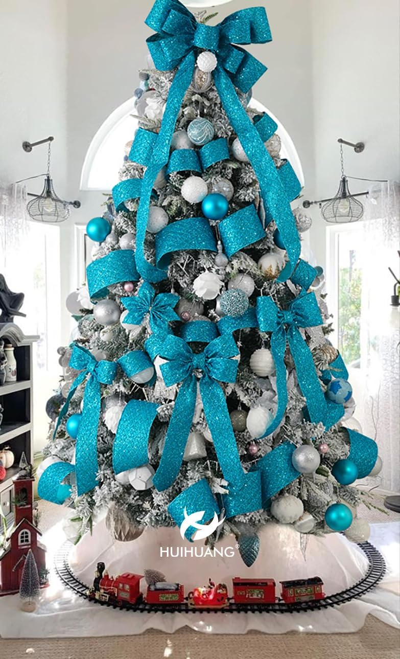 HUIHUANG Turquoise Glitter Wired Ribbon for Christmas Tree 2.5 inch Peacock Blue Diamond Mesh Ribbon for Tree Decoration, Wreaths, Garland, Gift Wrapping, Large Bows Making, Home Decor -10 Yards - Crafty Corner