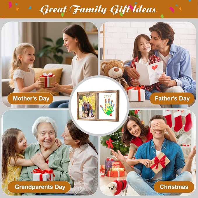 Lurgno Family Handprint Kit, DIY Baby Hand and Footprint Kit, Handmade Keepsake Wooden Frame, Family Gifts with 5 Non-Toxic Baby-Safe Paint, Ideas Gift for New Parents, Father's Day, Mother's Day