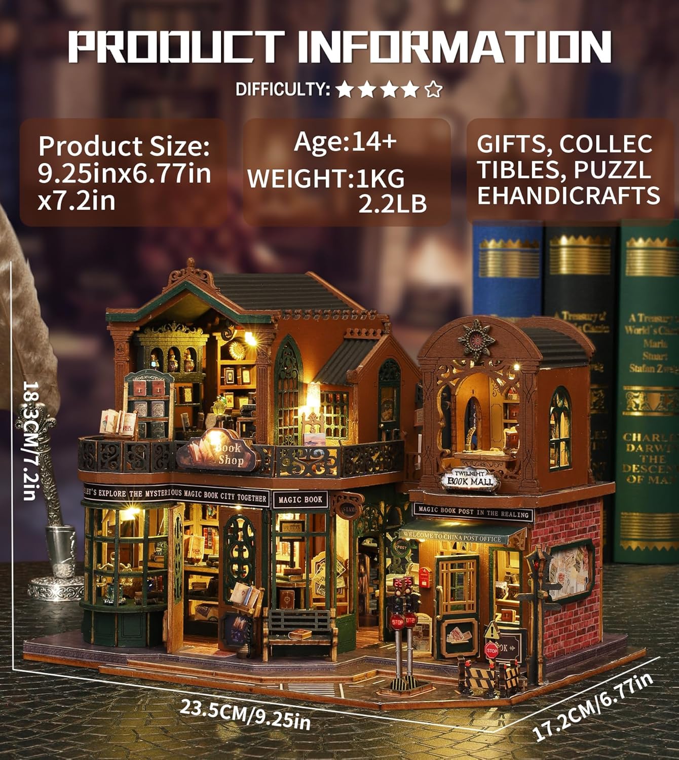 DIY Dollhouse Miniature House Kit,DIY Kit Mini House Model Comes with dust Cover and Music Box, Best Christmas Birthday Gift for Lovers Boys and Girls(Twilight Book City