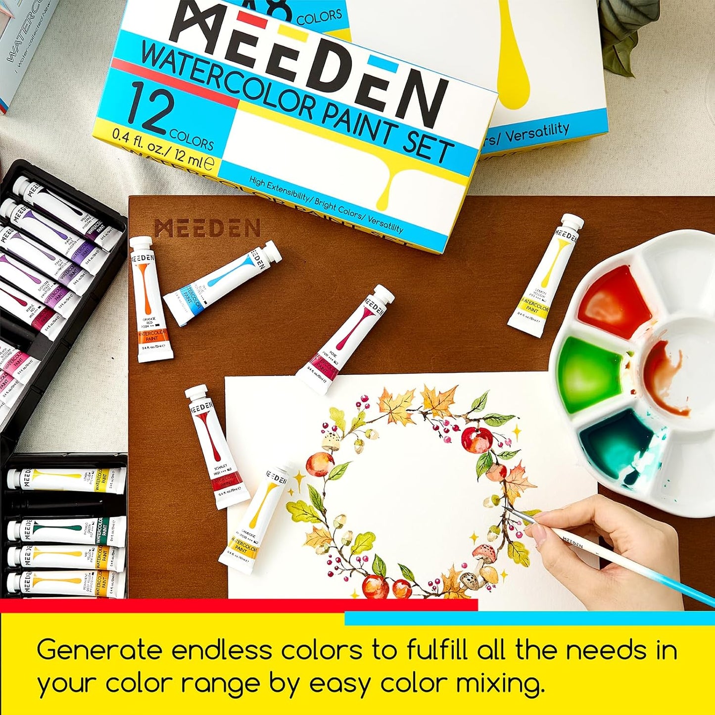 MEEDEN Watercolor Paint Tubes Set - 12 x 12ml (0.4 oz) Colors Painting Set Art Supplies - Non Toxic Water Color Paint for Adults Beginners Students