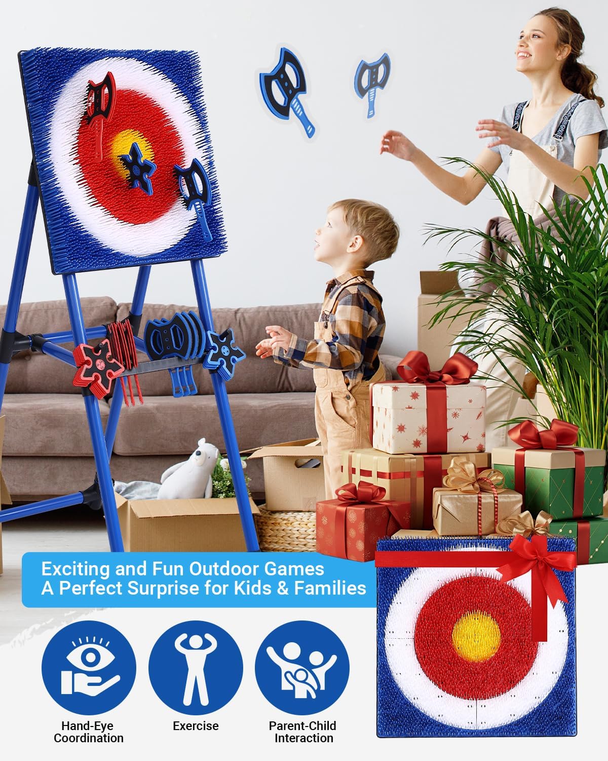 Axe Throwing Game for Backyard - 8 Throwing Axes Set - Deluxe Foldable Plastic Axe Throwing Target Game for Adults Kids, Outdoor Games Carnival Games