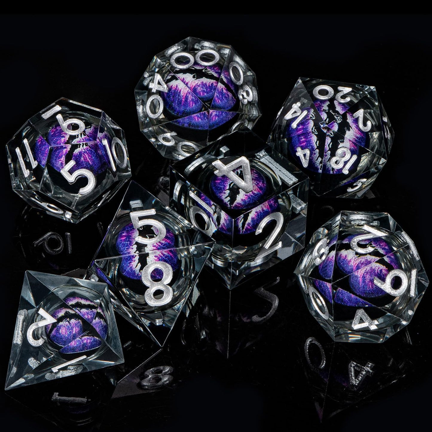 ARUOHHA DND Resin Dice Dragon Eye Dice Liquid Core Purple Sharp Edged Dice Set with Gift Box, Dungeons Polyhedral D and D Dice Set Compatible with D&D Role Playing Game D20 D12 D10 D8 D6