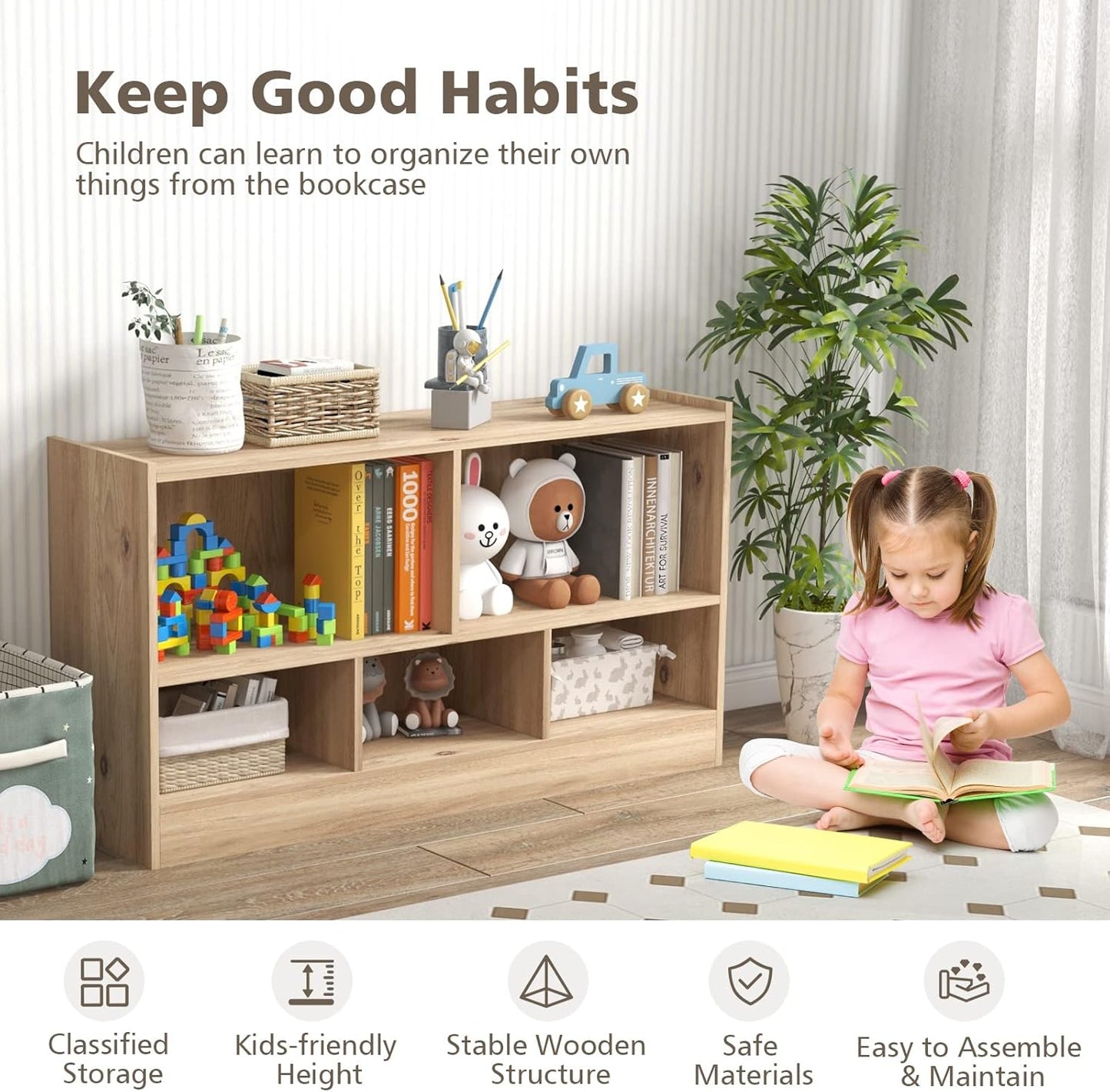Toy Storage Organizer, 2-Tier Kids Bookshelf, 5 Cube Kids' Bookcases, Cabinets & Shelves, Wooden Toy Organizers, Small Book Shelf for Bedroom, Playroom, Classroom, Nursery (Natural)