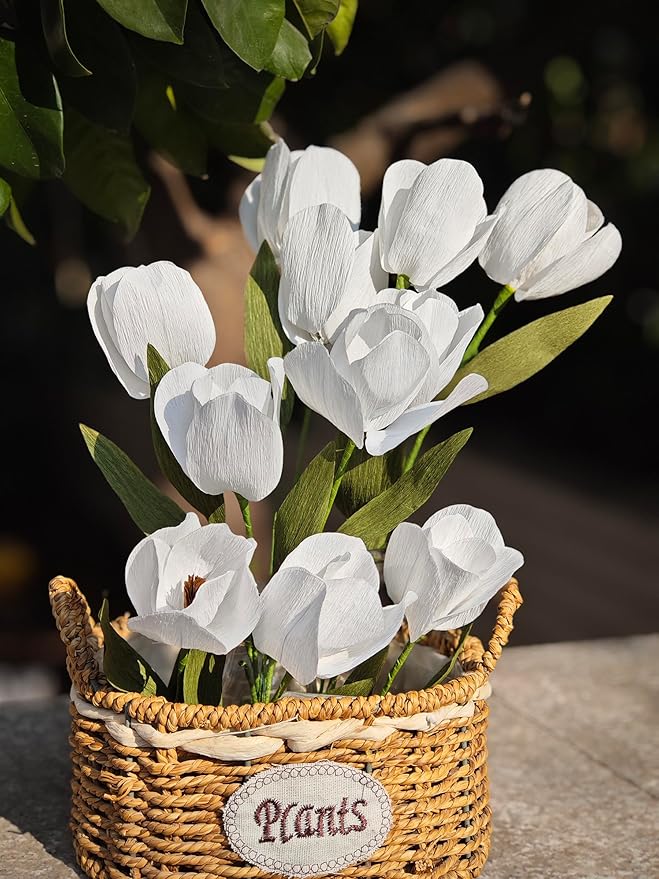 White Tulip Bouquet DIY Crepe Paper Flower for Home Decor, Wedding Centerpieces & Rustic Events Making Kit 12 pcs