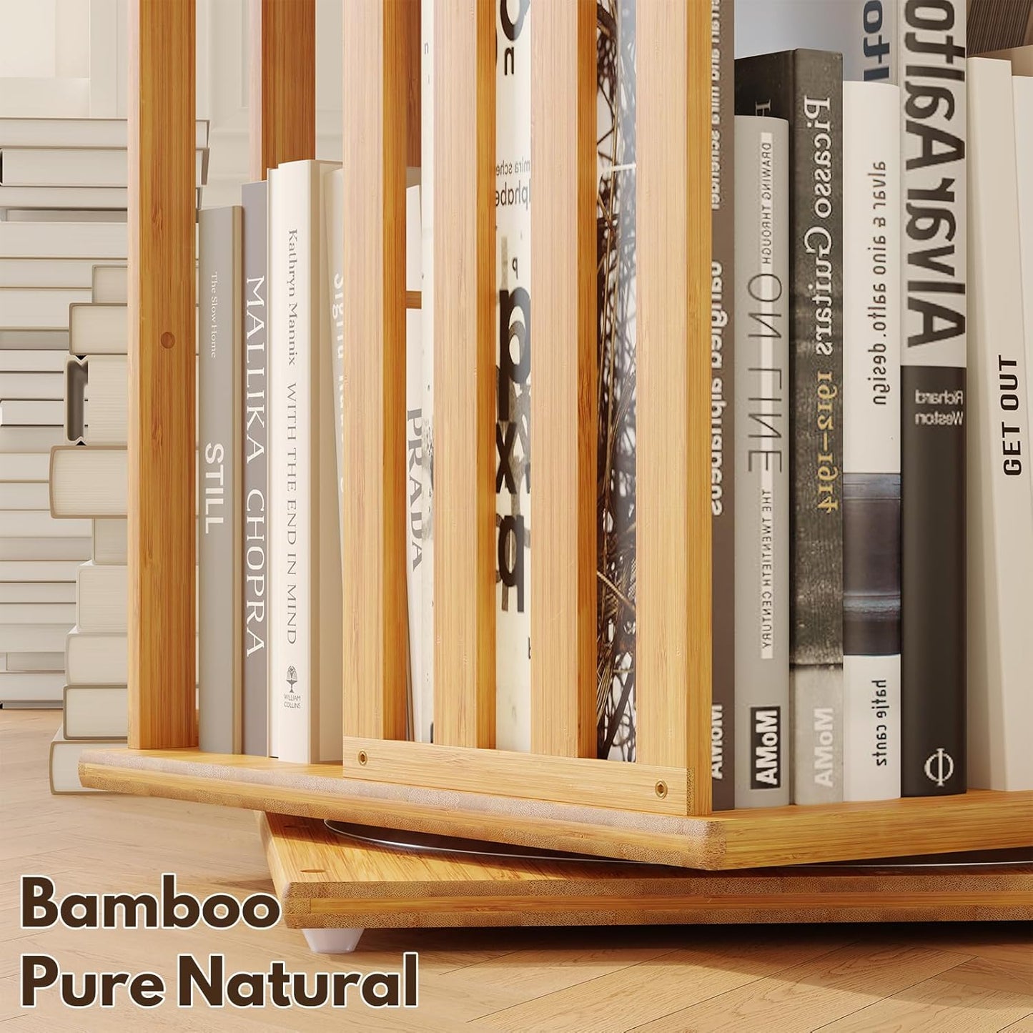 XIMN 360° Rotating Bamboo CD/DVD Shelf - 6-Tier Space-Saving Media Storage Cabinet for Movies, Organizer with Super Compact Design (Nature, 4 Tier)