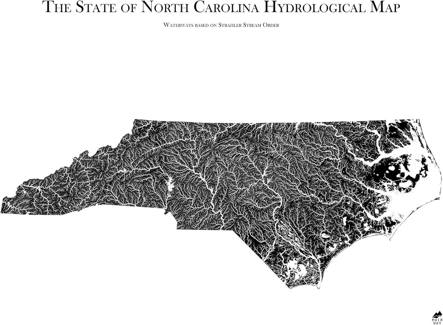 Muir Way Hydrological River Map of North Carolina - Watershed Topographic Wall Art for Home, Office, or Travel Decor - Unframed Flat Paper Print, 18x24