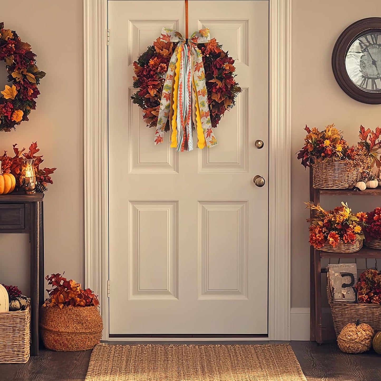 Large Fall Ribbon Bow for Wreath, Orange Maple Leaves Fabric Ribbons Set Assorted Lace Ribbon Fall Clip-On Wreath Sash Ribbons Bundle for Thanksgiving Indoor Outdoor Decor - Crafty Corner