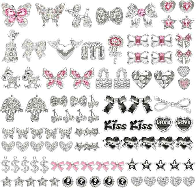 100 Pcs Bling Flat Back Junk Charm Kit for Junk Socks/Shoes/Phone Cases/Bracelets & DIY Accessories, Including Silver and Pink Bows/Hearts/Stars/Rhinestone Charms, Great Christmas Gift Idea for Girls