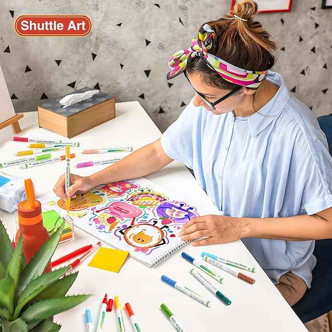 Shuttle Art Paint Pens, 42 Colors Acrylic Paint Markers, Low-Odor Water-Based Quick Dry Paint Markers for Rock, Wood, Metal, Plastic, Glass, Canvas, Ceramic