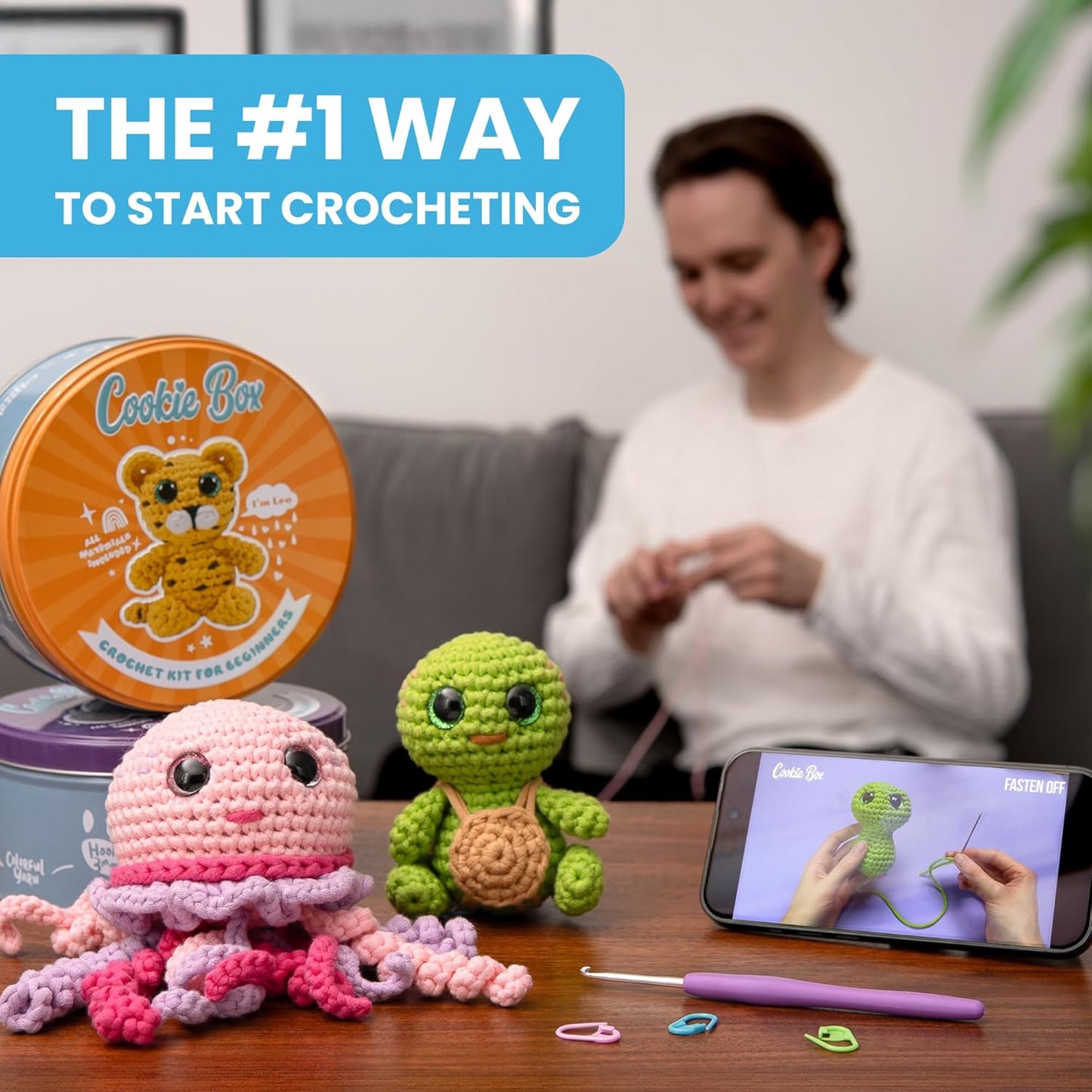 Cookie Box Crochet Kit for Beginners โ Gift Set to Make Leopard Leo Amigurumi Plushie โ Easy DIY Crochet & Knitting Starter Kit with Video and PDF Tutorials