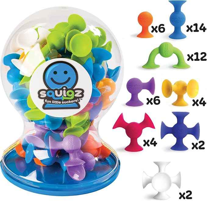 Fat Brain Toys Squigz Deluxe Set - 50-Piece Suction Construction Toys, Suction Bath Toys, Sensory Toys for Kids 3 and Up