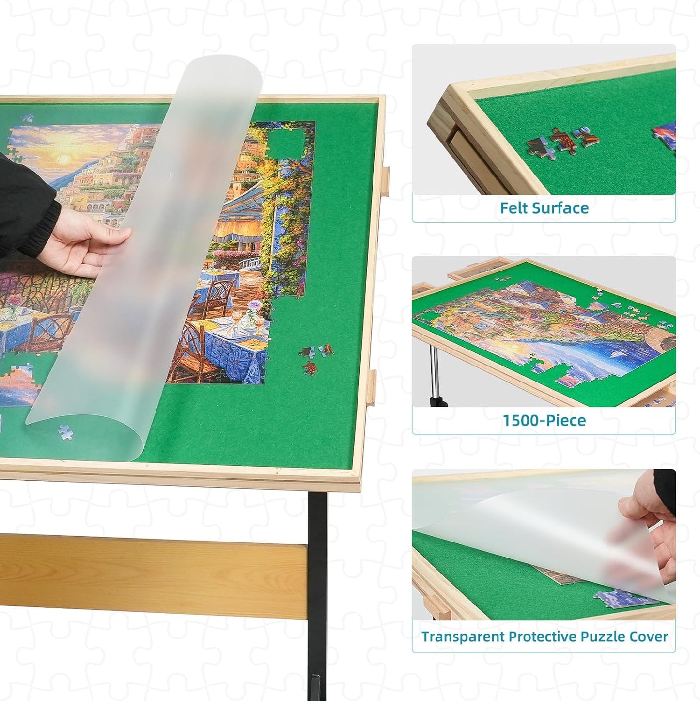 1500pcs Puzzle Table with Legs,34.25" x 25.2"Wooden Jigsaw Puzzle Board with 4 Drawers & Cover,Height Adjustment & Weight optimization