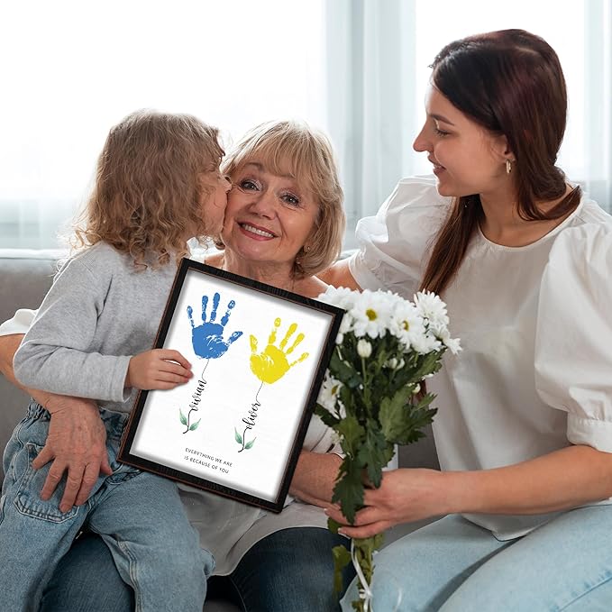 Personalized Mothers Day Handprint Gift, Kids Art Frame with Paint, Family Handprint Kit, Custom Art Craft Keepsake Sign, Gifts for New Parents, Mom, Grandma Nana, Nursery Home Decor