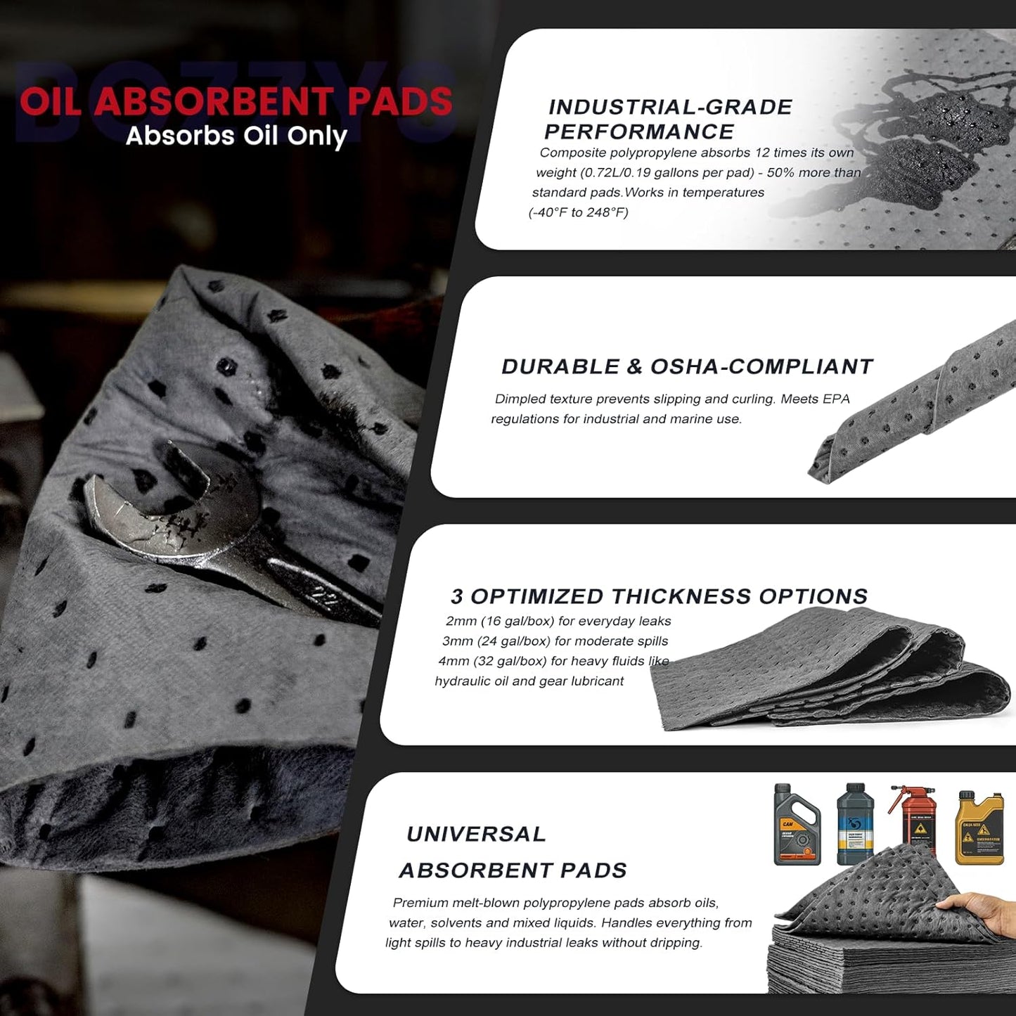 Universal Absorbent Pads | 16"x20" Water Absorbent Mat 100-Pack | Industrial Spill Control for Liquids Leak(32 Gal/Box) | Oil Absorbing Sheets