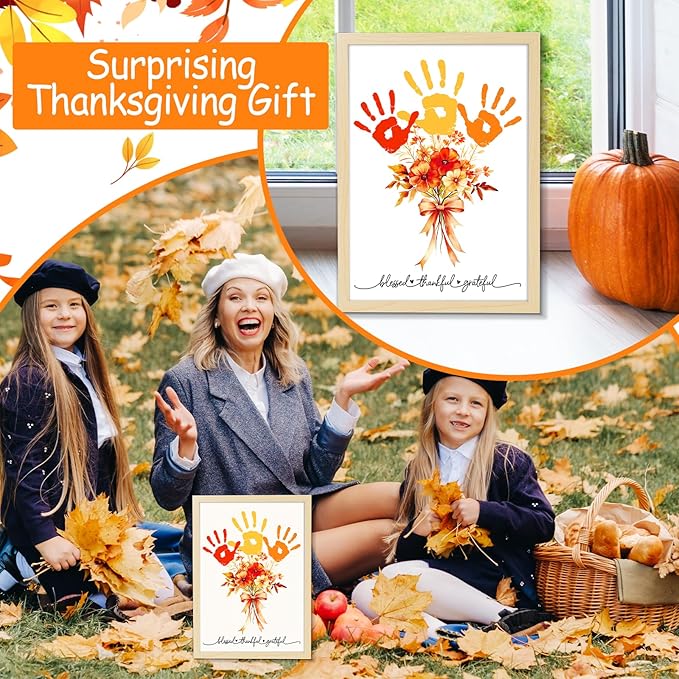 Fall Thanksgiving Flower Bouquet Handprint Art Craft DIY Kit Thanksgiving Day DIY Gifts Fall Thankful Family Handprint Art Keepsake with Wood Frame for Mom Dad Friend Holiday Birthday 12x16 Inch