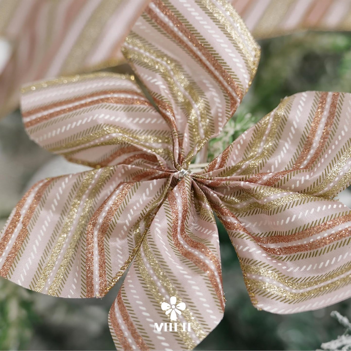 MEEDEE Pink Diagonal Striped Ribbon 2.5 Inch Blue Satin with Rose Gold and Champagne Glitter Wired Ribbon for Christmas Tree, Garlands, Wreaths, Topper Bow (10 Yards) - Crafty Corner