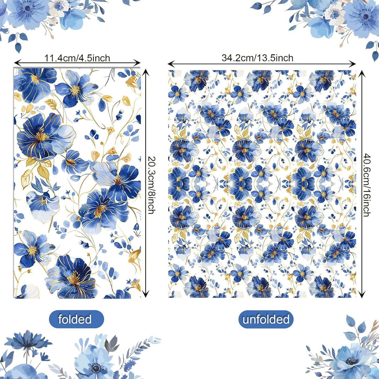 60 Pack 3 Styles Blue Floral Napkins for Decoupage Toile Napkins Flower Cocktail Decorative Paper for Birthday Party Beautiful Gorgeous, 12.9 * 15.7 inch