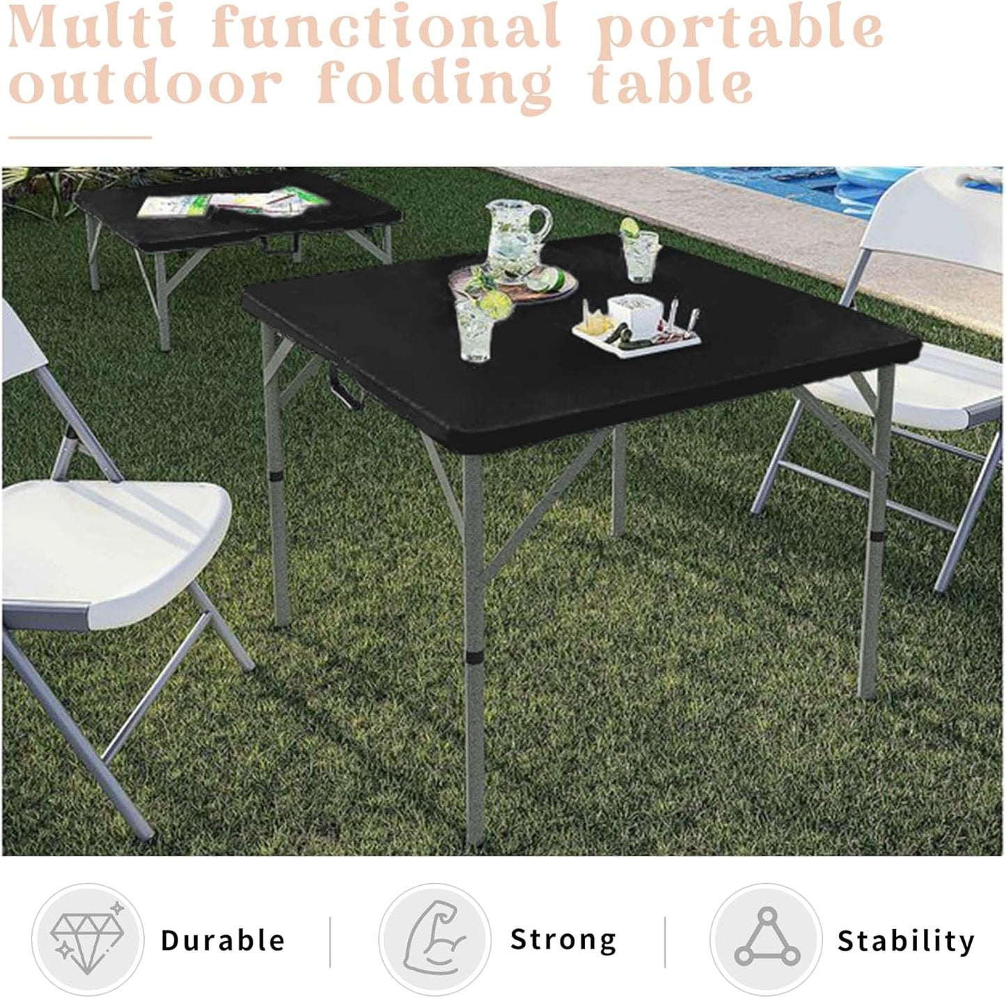 Set of 2 Square Folding Table 34in Multi-Functional Portable Folding Card Table with Carrying Handle for Indoor Outdoor Camping,Picnic, Office, Party Use HDPE Plastic Tabletop with Metal Frame(Black)