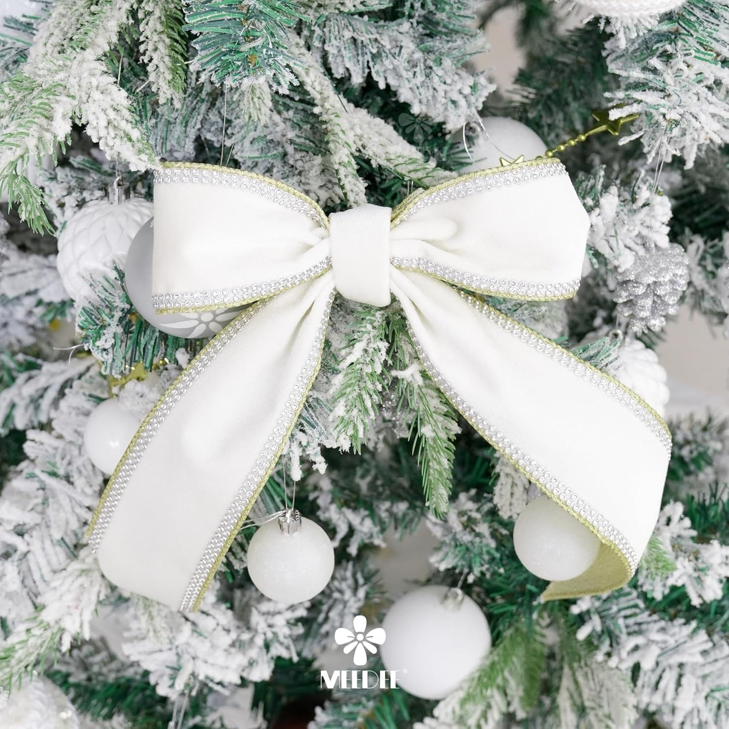 MEEDEE Gold & White Velvet with Rhinstone Edge Wired Ribbon 2.5 Inch Luxury Jeweled Ribbon 5 Yards Sparkling Rhinestone Trim for Christmas Tree, Garland, Wreaths, Holiday Home Decor, Wedding Decor - Crafty Corner