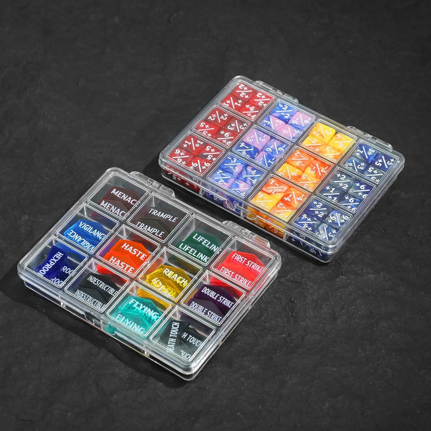 SIXPOINTS 108PCS 12mm MTG Counter Dice +1/+1 Tokens 6 Sided Dice & MTG Keyword Counters Tokens Set for Magic The Gathering, MTG, TCG, Card Games Accessories (4 Color Dices#E + MTG Keyword Counters)