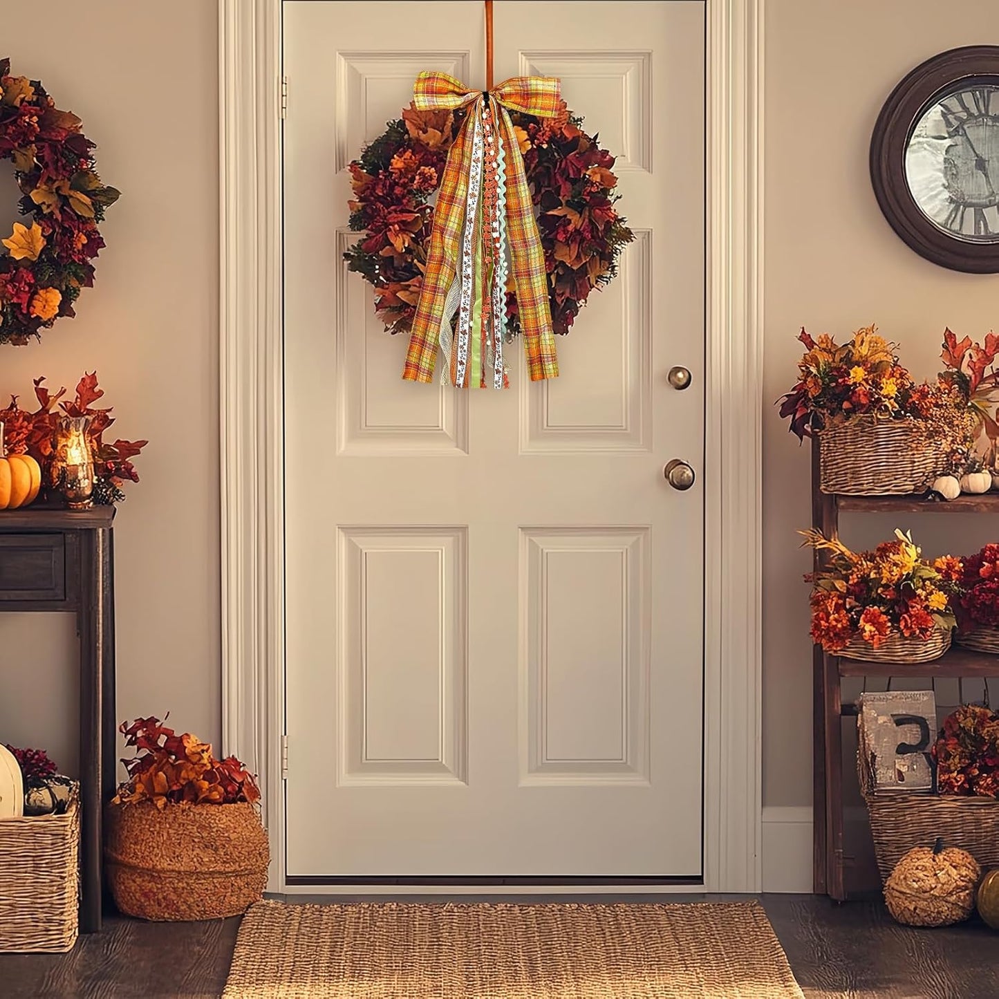 Large Fall Ribbon Bow for Wreath, Orange Buffalo Plaid Fabric Ribbons Set Assorted Lace Ribbon Fall Clip-On Wreath Sash Ribbons Bundle for Thanksgiving Indoor Outdoor Decor - Crafty Corner