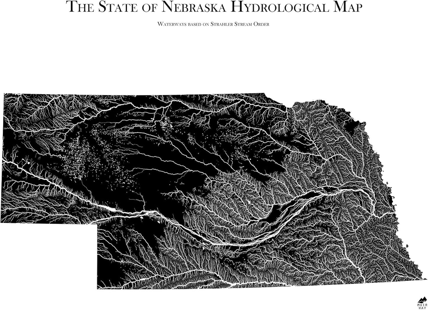 Muir Way Hydrological River Map of Nebraska - Watershed Topographic Wall Art for Home, Office, or Travel Decor - Unframed Flat Paper Print, 18x24