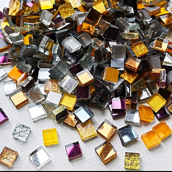 LITMIND 1.1LB Gold, Silver & Purple Mixed Glass Mosaic Tiles for Crafts - 0.4 Inch Square Mirror Glass Pieces, Ideal for Mosaic Art Projects, Puzzles, and Home Décor